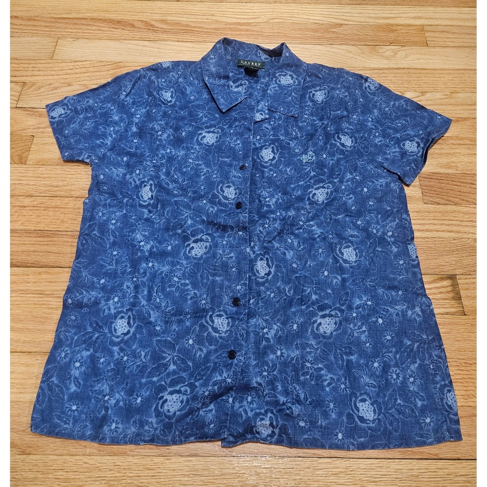 Vtg 90s Lauren Ralph Lauren Blue Floral Short Sleeve Button Up Shirt Womens Larg